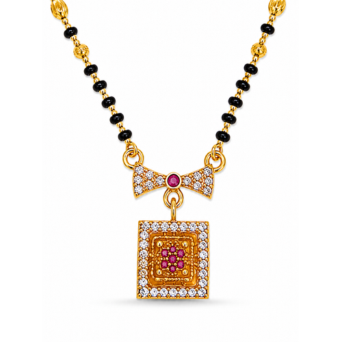 Elegant Black Bead Mangalsutra with Sparkling CZ Bow and Ruby Pendant