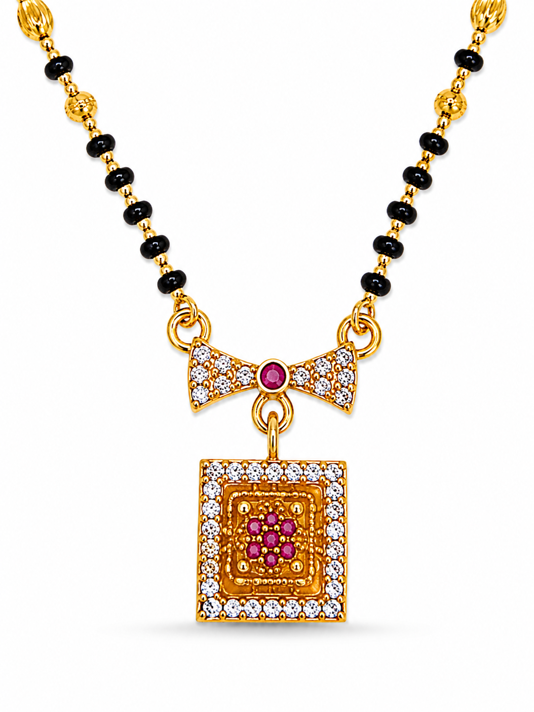 Elegant Black Bead Mangalsutra with Sparkling CZ Bow and Ruby Pendant