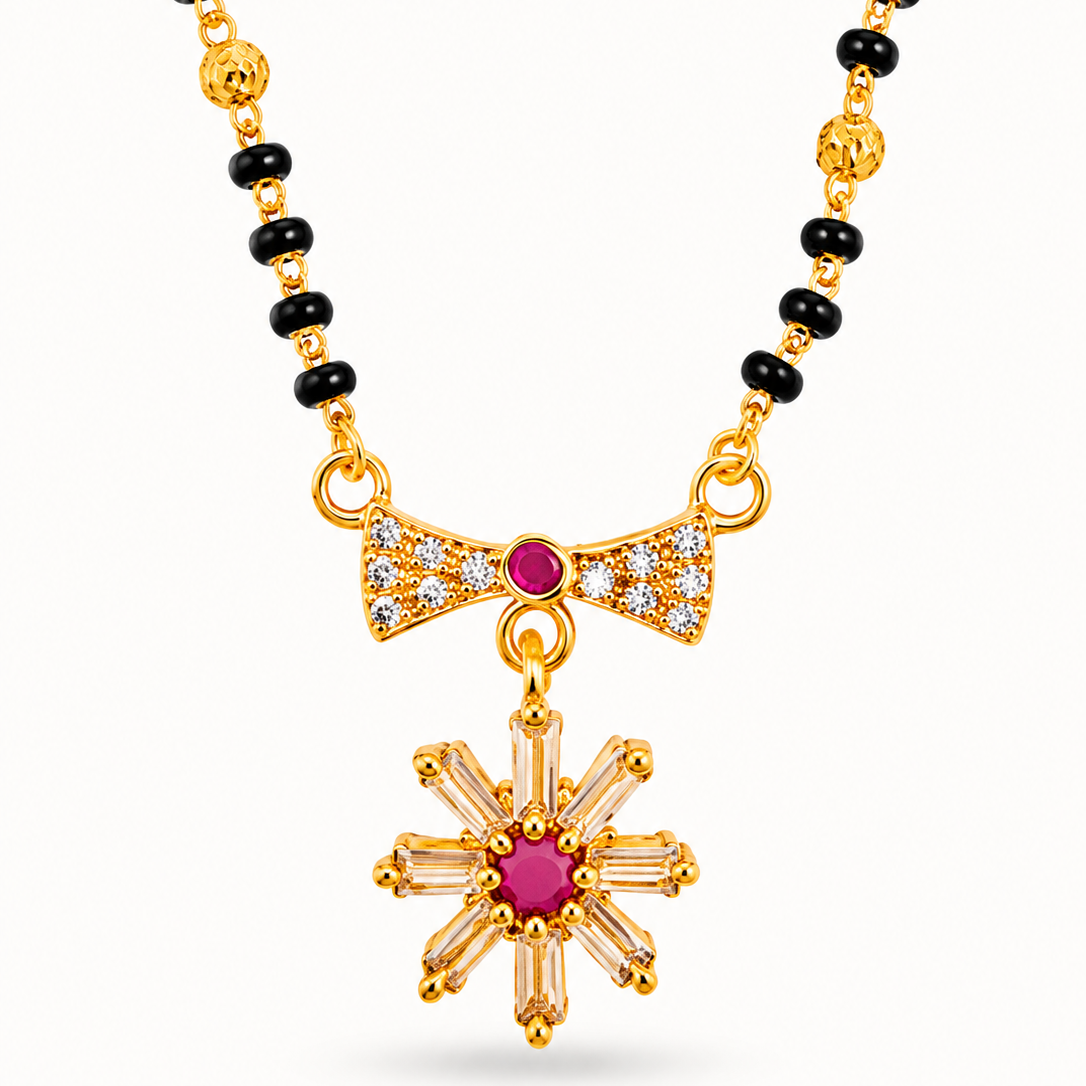 Traditional Mangalsutra with Red Stone & Sparkling CZ Flower Design