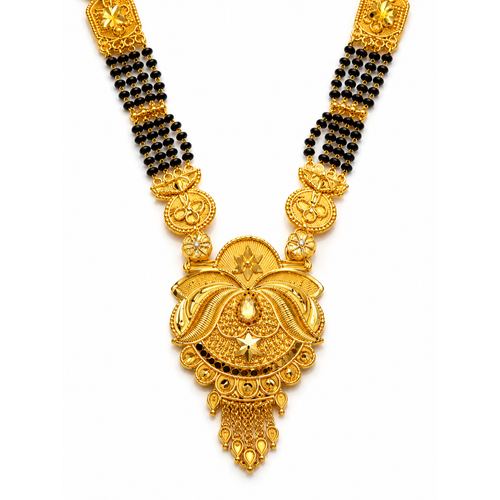 Traditional Black Bead Mangalsutra with Floral Temple Pendant