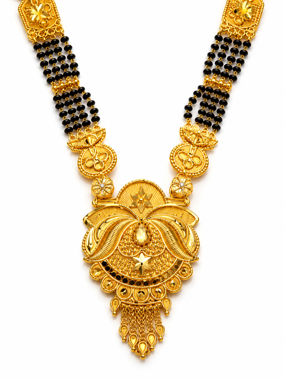 Traditional Black Bead Mangalsutra with Floral Temple Pendant