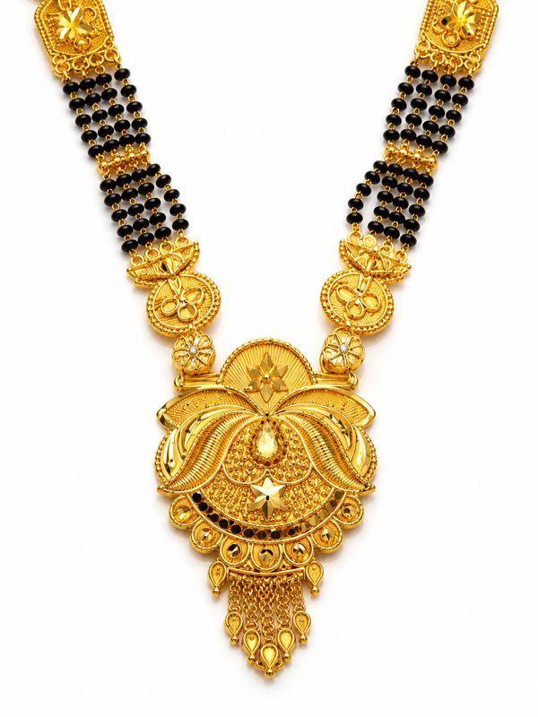 Traditional Black Bead Mangalsutra with Floral Temple Pendant