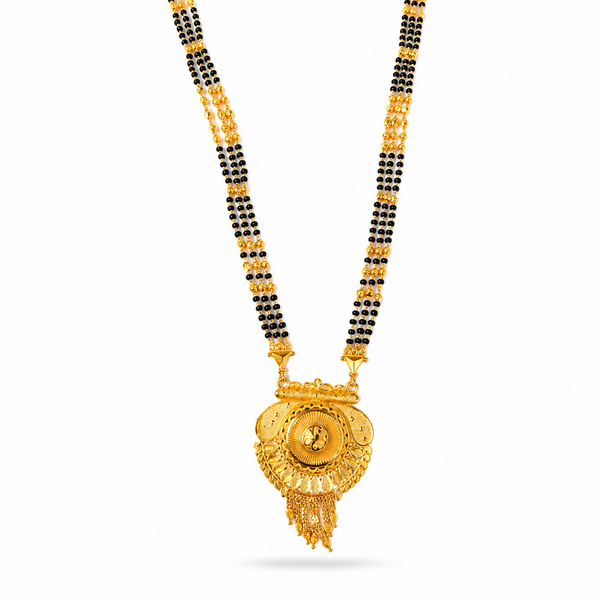 Bridal Traditional Mangalsutra with Black Beads and Round Heritage Pendant