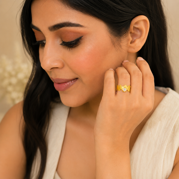 NXGOLD Leaf Adjustable Ring with Solitaire CZ Stone for Women