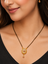 NXGOLD Antique Style Black Bead Mangalsutra with CZ & Ruby Pendant