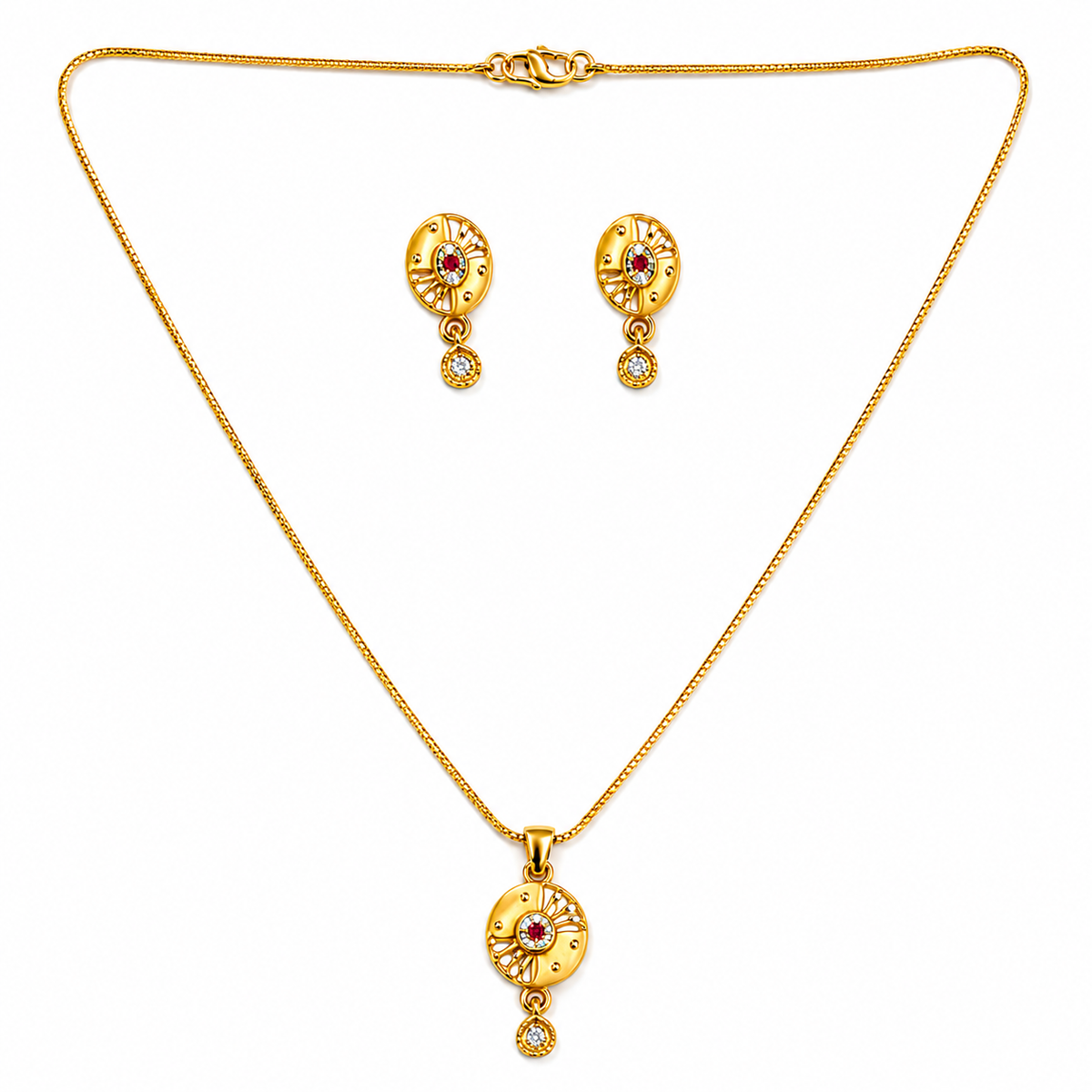 Radiant Ruby Halo Pendant Necklace Set