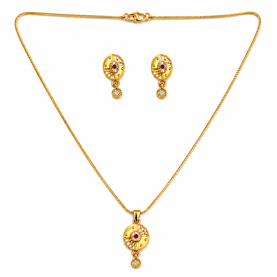 Radiant Ruby Halo Pendant Necklace Set