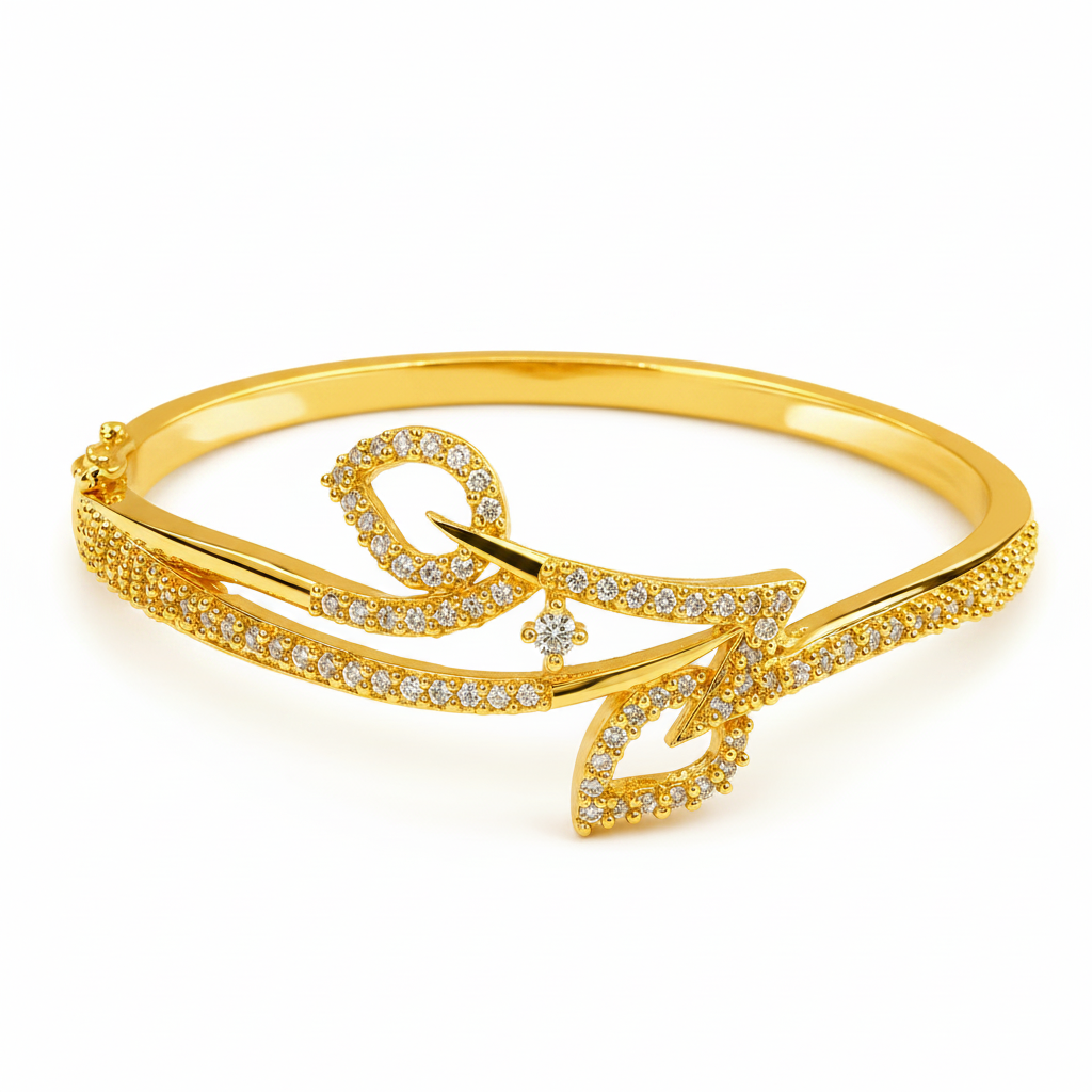 Luxury Leaf Swirl CZ Open Kada Bracelet for Women