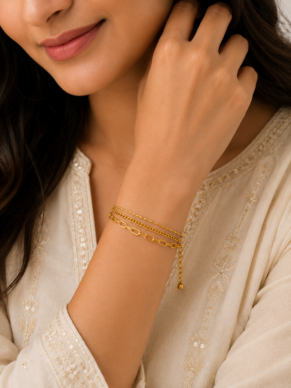 Luxury Triple Layer Mixed Link Chain Bracelet for Women & Girls