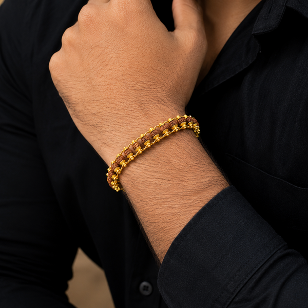 Premium Rudraksha Beaded Gold Bracelet with Dual Chain Design