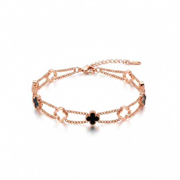Rose Gold Double Layer Black Clover Bracelet for Women