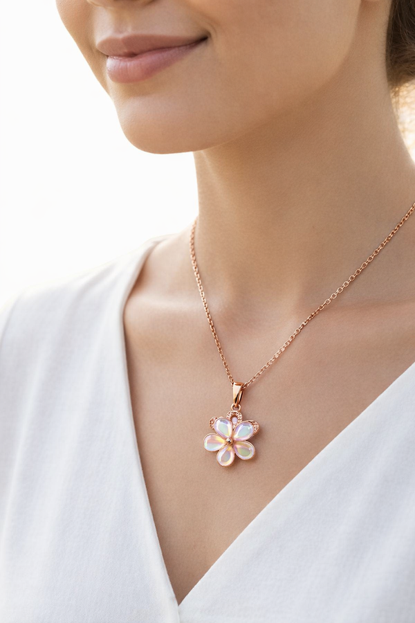 Elegant Rose Gold Floral Opal Pendant Necklace for Women
