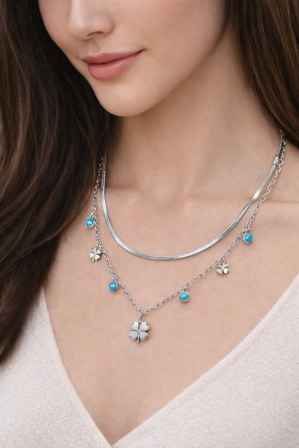 Elegant Silver Clover Charm Layered Necklace