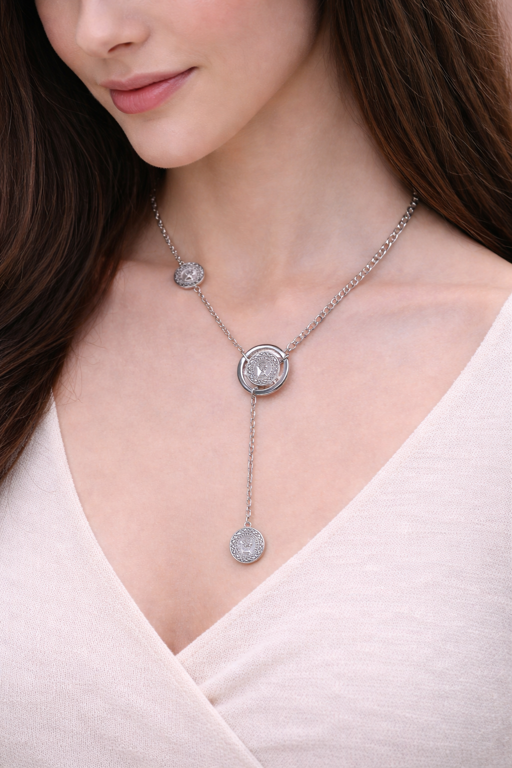 Elegant Silver Coin Charm Layered Pendant Necklace