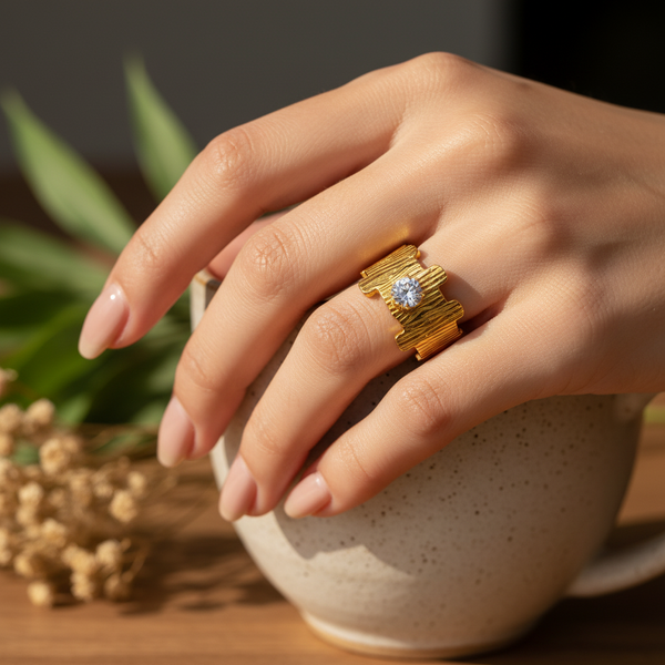 Elegant Adjustable Anti-Tarnish Gold Ring with CZ Stone