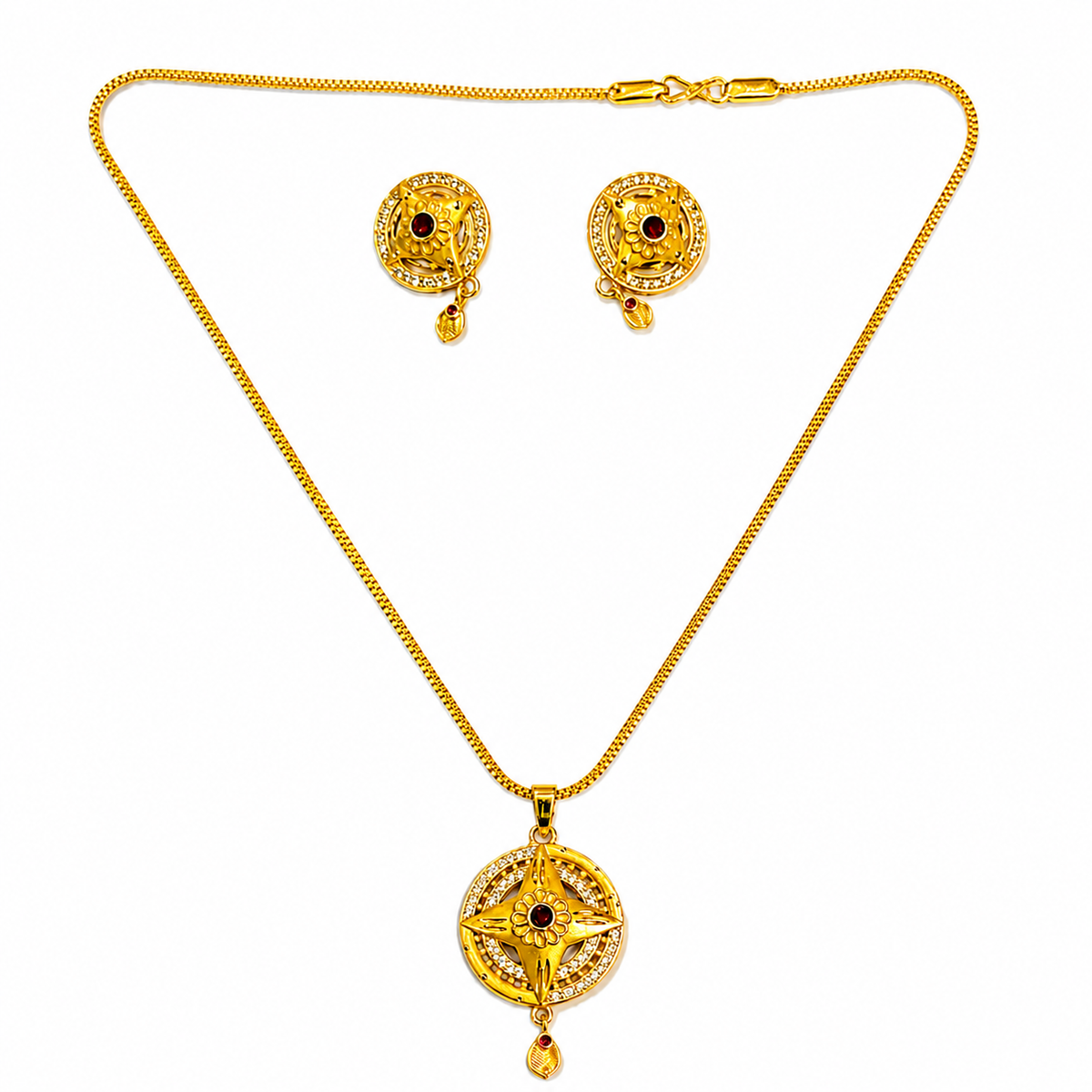 Traditional Floral Round Pendant Necklace & Earrings Set for Women