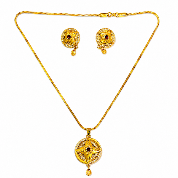 Traditional Floral Round Pendant Necklace & Earrings Set for Women