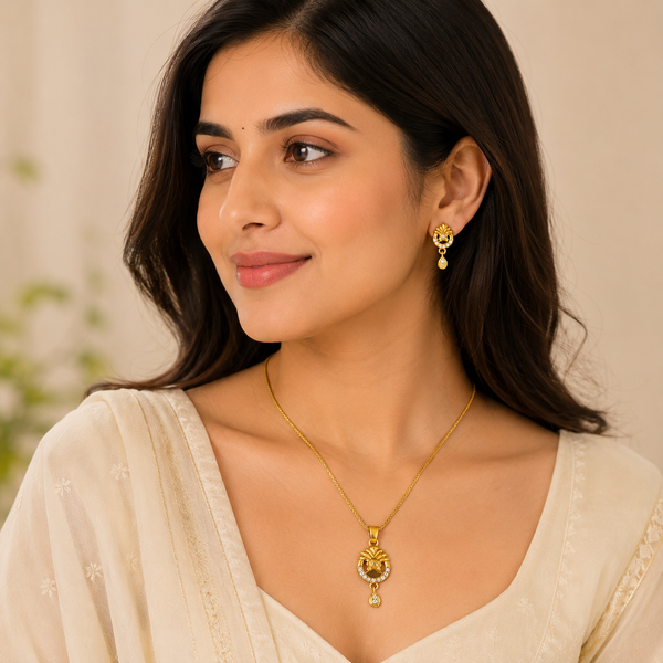 Elegant Floral CZ Pendant Necklace & Earrings Set for Women