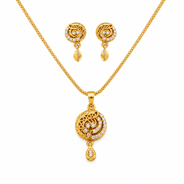 Elegant Paisley CZ Pendant Necklace & Matching Drop Earrings Set for Women