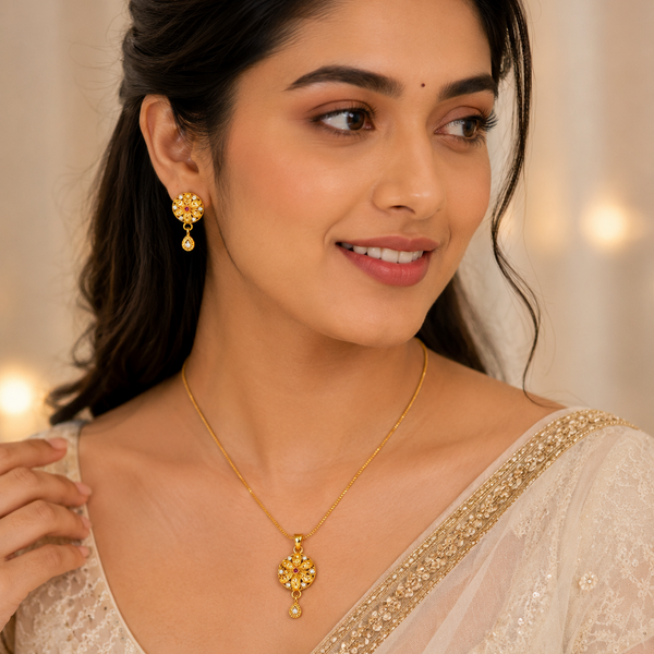 Elegant Floral Round Pendant Necklace & Matching Drop Earrings Set for Women