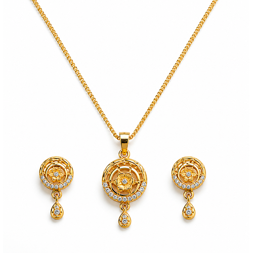 Elegant Circular Floral Pendant Necklace & Matching Earrings Set for Women