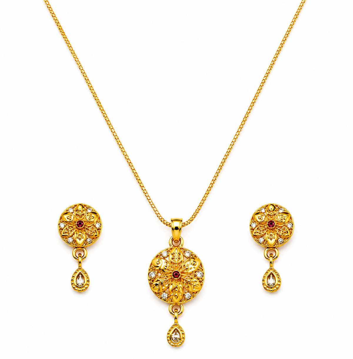Elegant Floral Round Pendant Necklace & Matching Drop Earrings Set for Women