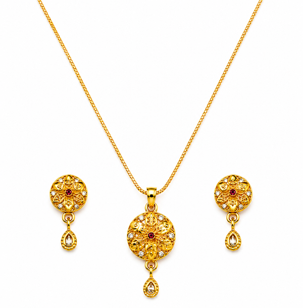 Elegant Floral Round Pendant Necklace & Matching Drop Earrings Set for Women