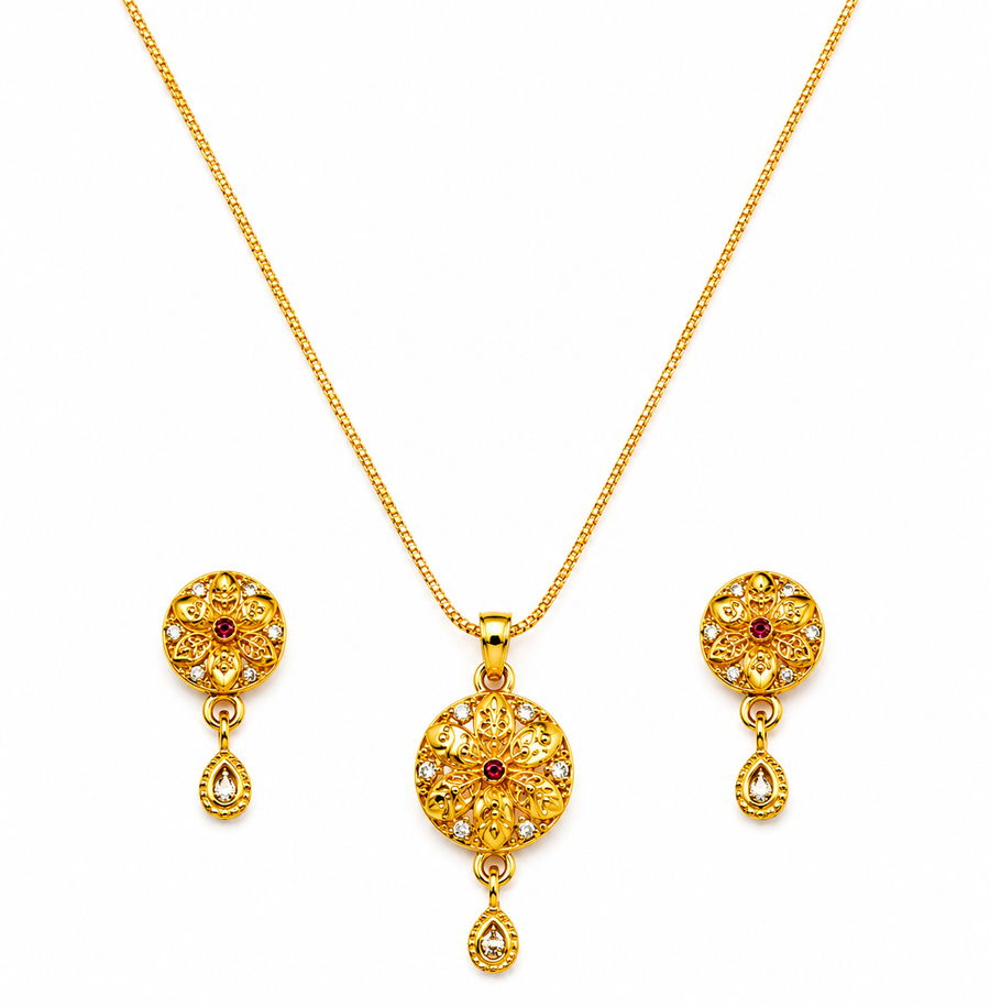 Elegant Floral Round Pendant Necklace & Matching Drop Earrings Set for Women