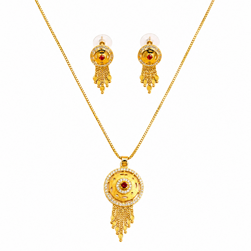 Royal Ruby CZ Circular Pendant Necklace Set with Matching Earrings for Women