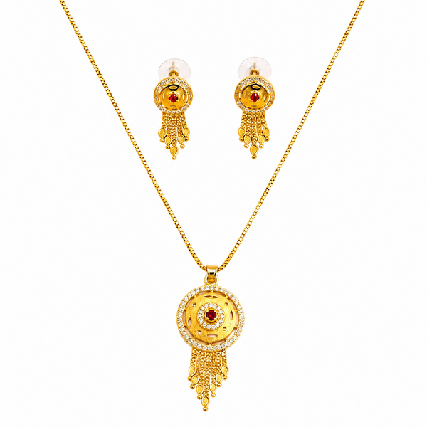 Royal Ruby CZ Circular Pendant Necklace Set with Matching Earrings for Women