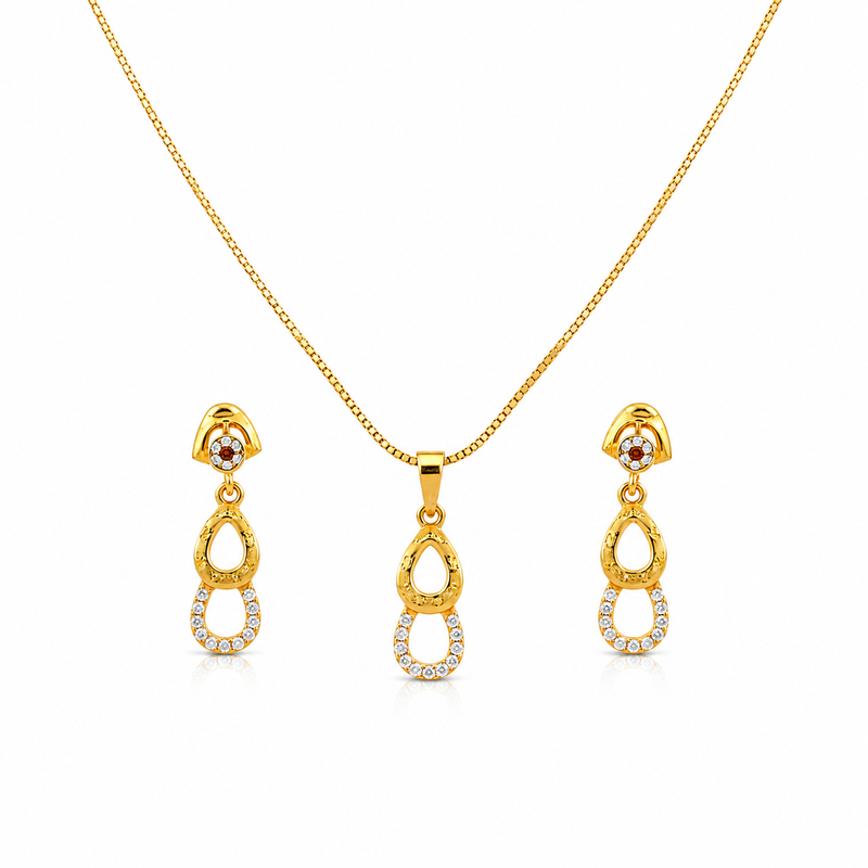 Elegant Double Teardrop CZ Pendant Necklace Set with Matching Drop Earrings for Women