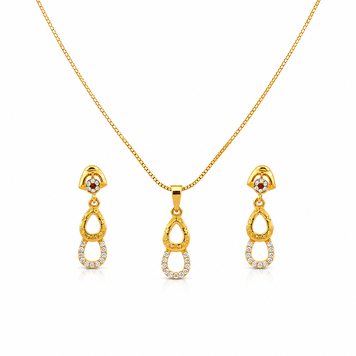 Elegant Double Teardrop CZ Pendant Necklace Set with Matching Drop Earrings for Women