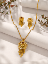 Royal Ruby CZ Circular Tassel Pendant Necklace Set with Matching Earrings for Women