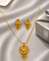 Royal Ruby CZ Circular Tassel Pendant Necklace Set with Matching Earrings for Women