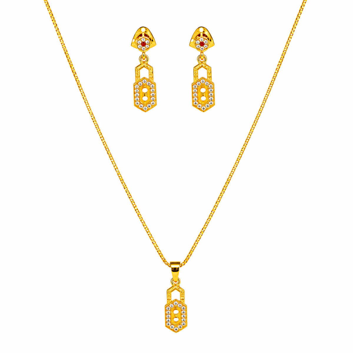 Elegant Geometric CZ Pendant Necklace Set with Matching Drop Earrings for Women