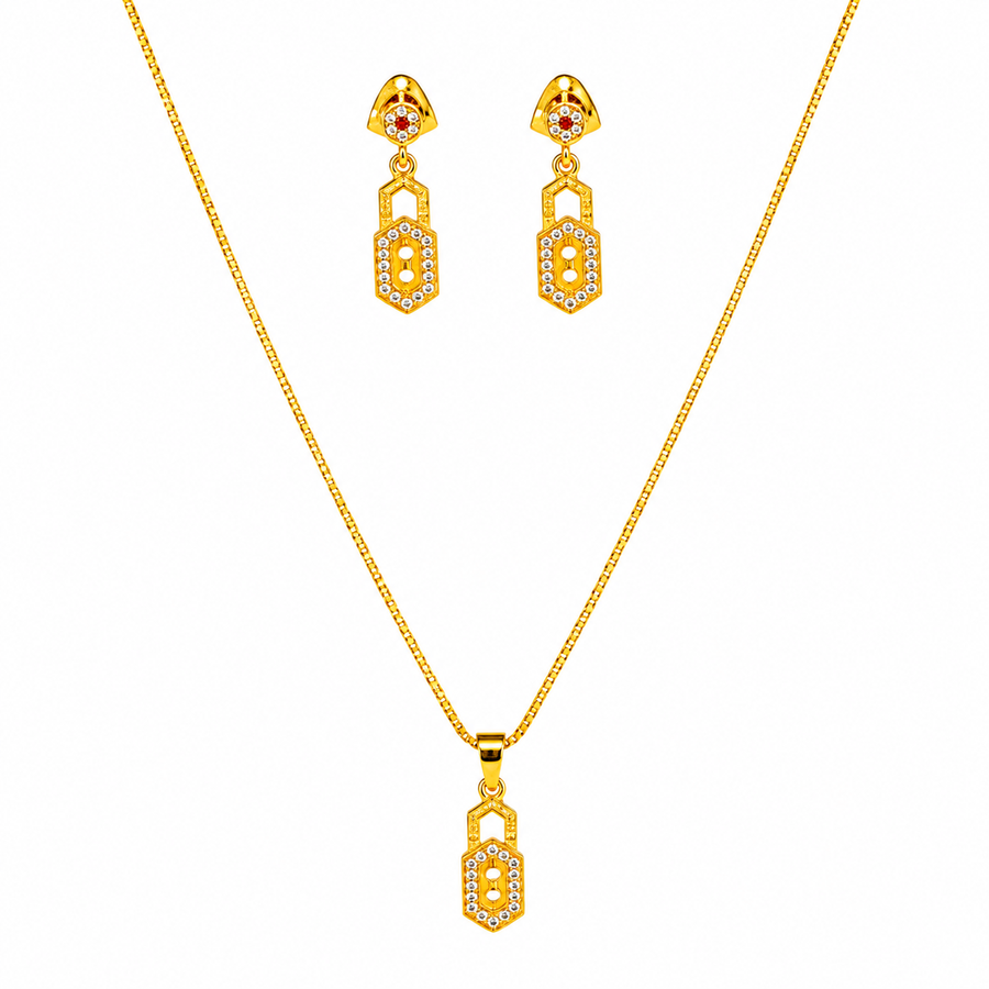 Elegant Geometric CZ Pendant Necklace Set with Matching Drop Earrings for Women