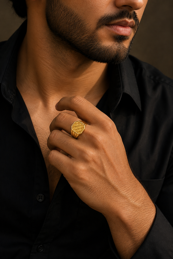 Imperial Checkered Crest Gold Ring For Men