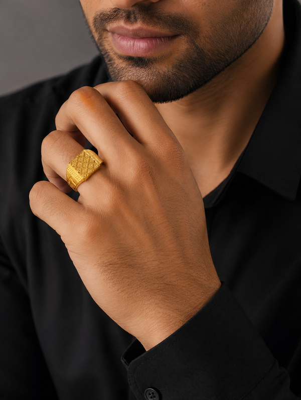 Majestic Grid Crest Gold Ring for Men