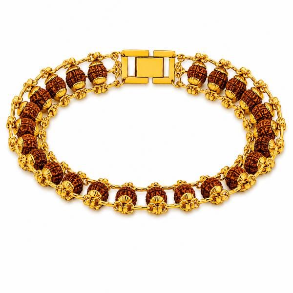 Premium Rudraksha Beaded Gold Bracelet with Dual Chain Design