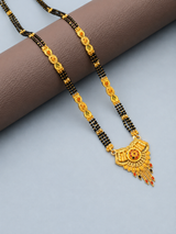 Traditional Long Black Bead Mangalsutra with Antique Floral Designer Pendant for Women