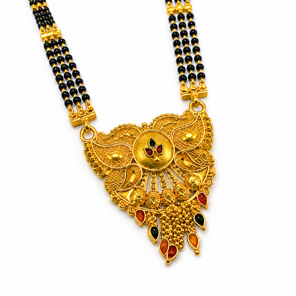 Traditional Long Black Bead Mangalsutra for Women with Royal Antique Designer