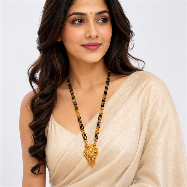 Traditional Long Black Bead Mangalsutra for Women with Royal Peacock Designer