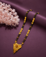 Traditional Long Black Bead Mangalsutra with Antique Floral Designer Pendant for Women