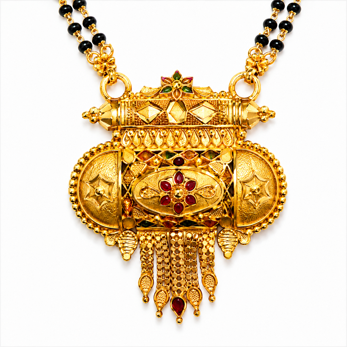 Traditional Royal Black Bead Mangalsutra for Women with Intricate Antique Temple Pendant