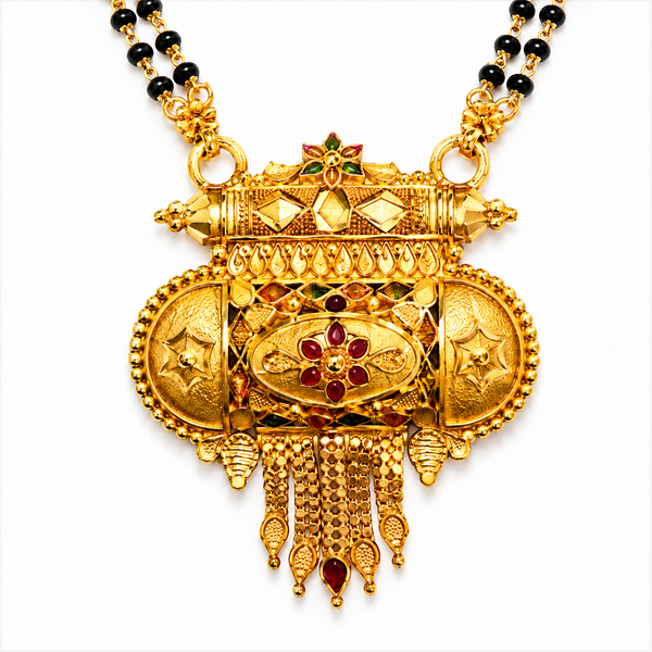 Traditional Royal Black Bead Mangalsutra for Women with Intricate Antique Temple Pendant