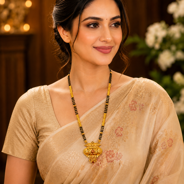 Traditional Royal Black Bead Mangalsutra for Women with Intricate Antique Temple Pendant