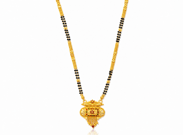NXGOLD Traditional Multi-Strand Black Bead Mangalsutra with Antique Barrel Pendant