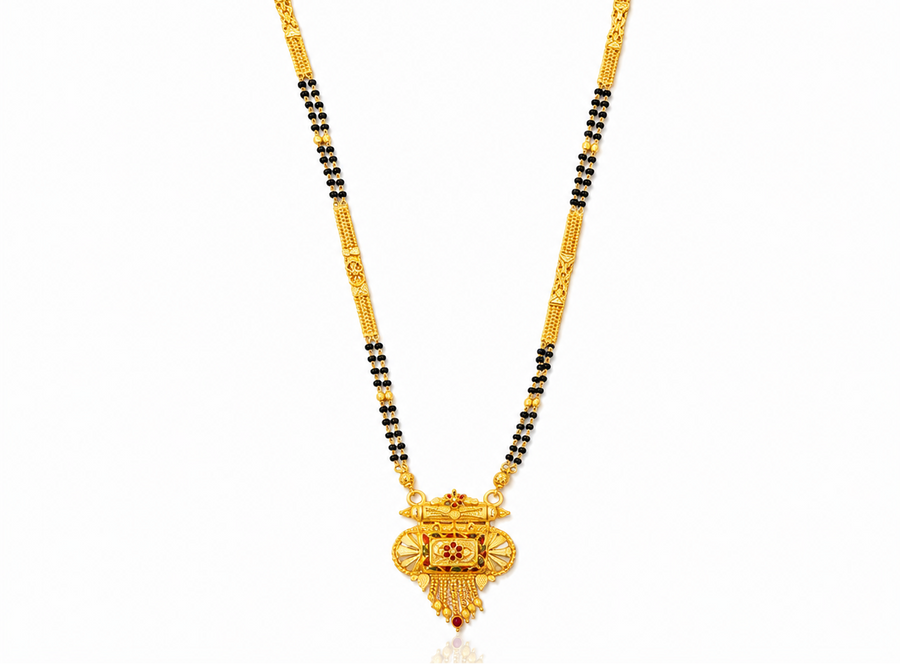 NUGOLD Traditional Multi-Strand Black Bead Mangalsutra with Antique Barrel Pendant
