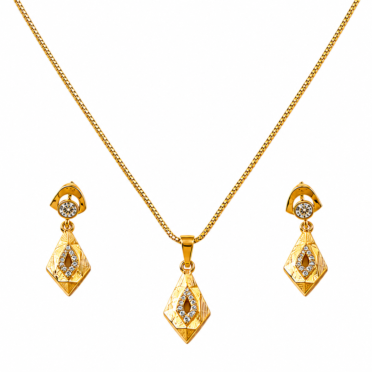 Luxury CZ Diamond Shape Pendant Necklace & Earrings Set