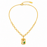 Elegant Gold Rose Pendant Necklace with Green Crystal